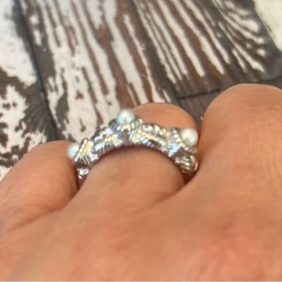 *Judith Ripka* 🌺COQUETTE🌺 Sz 6.75 925 SS Wrapped-Pearl Triple Cable Band Ring - Picture 7 of 13